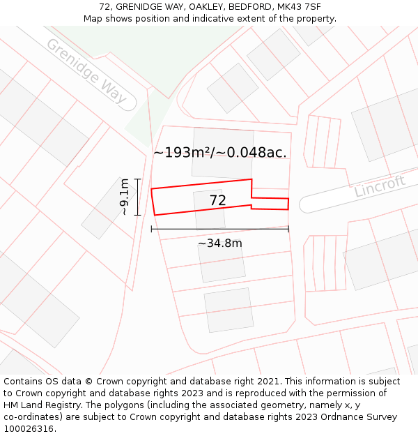 72, GRENIDGE WAY, OAKLEY, BEDFORD, MK43 7SF: Plot and title map