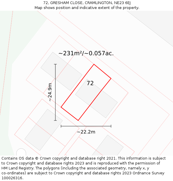 72, GRESHAM CLOSE, CRAMLINGTON, NE23 6EJ: Plot and title map