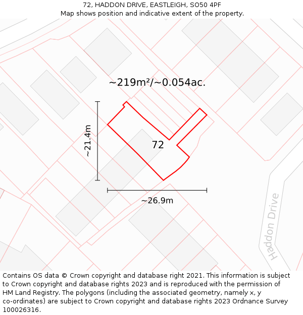 72, HADDON DRIVE, EASTLEIGH, SO50 4PF: Plot and title map