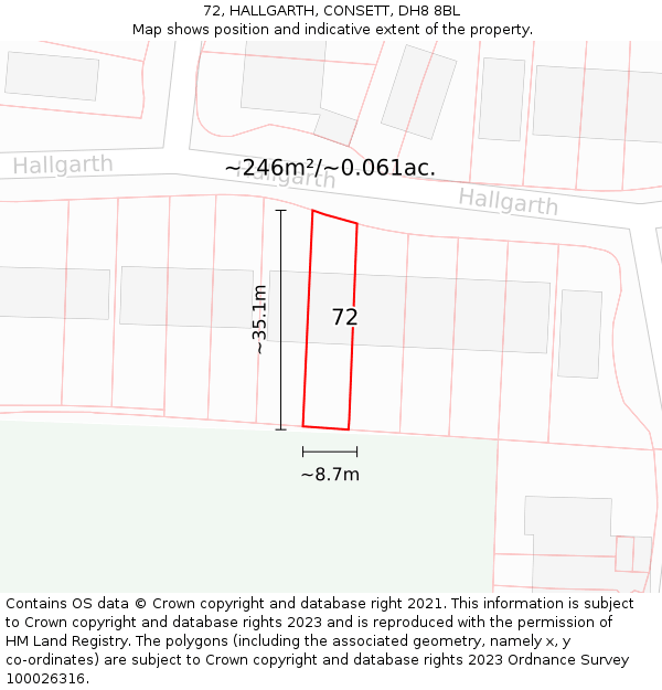 72, HALLGARTH, CONSETT, DH8 8BL: Plot and title map