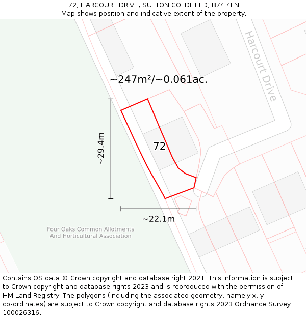 72, HARCOURT DRIVE, SUTTON COLDFIELD, B74 4LN: Plot and title map