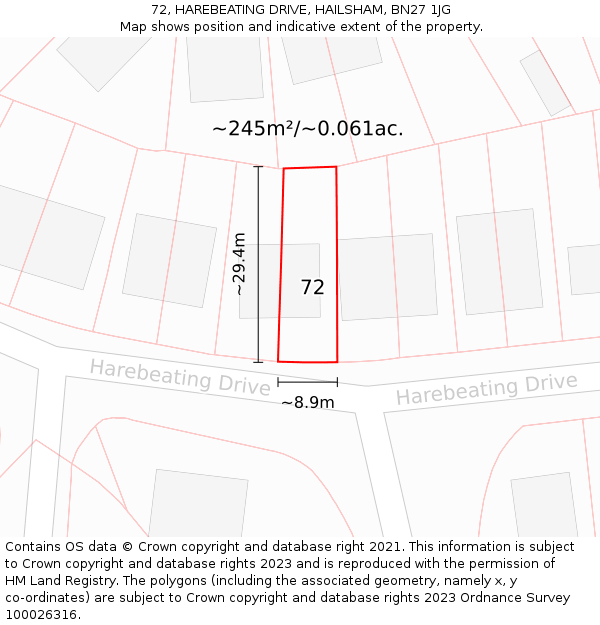 72, HAREBEATING DRIVE, HAILSHAM, BN27 1JG: Plot and title map