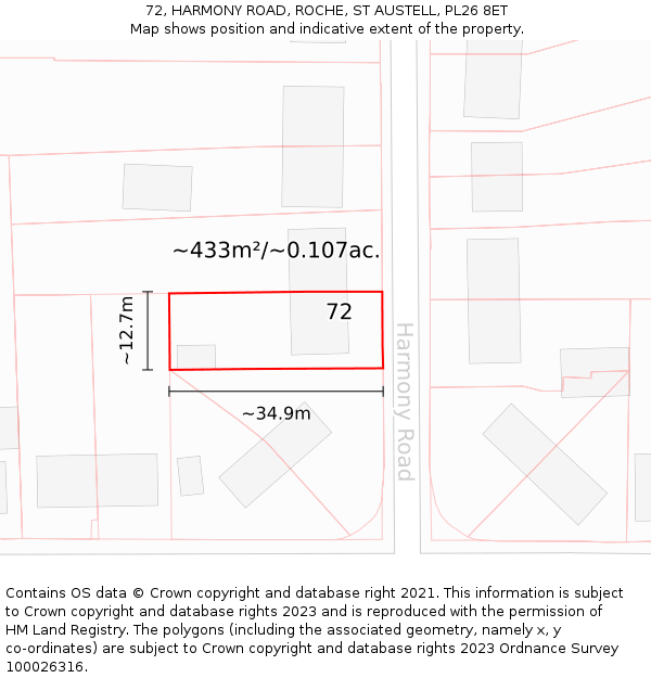 72, HARMONY ROAD, ROCHE, ST AUSTELL, PL26 8ET: Plot and title map