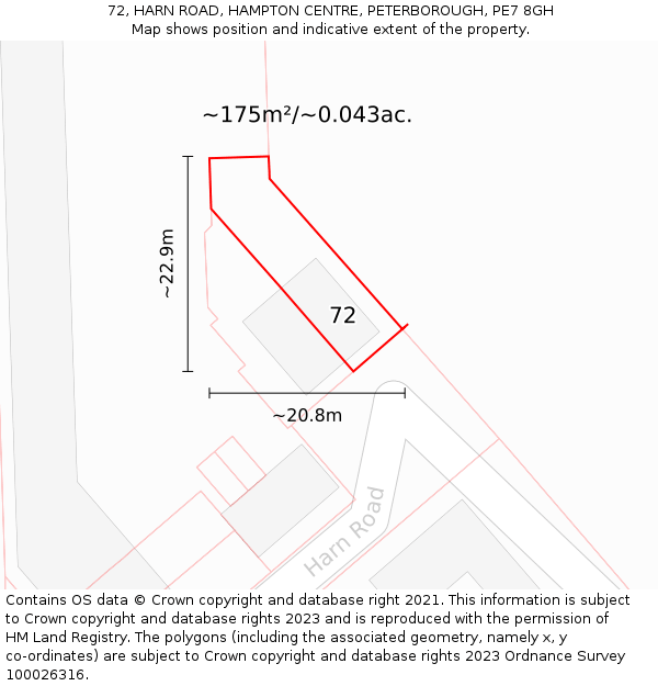 72, HARN ROAD, HAMPTON CENTRE, PETERBOROUGH, PE7 8GH: Plot and title map