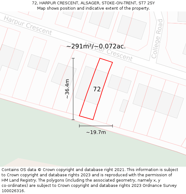72, HARPUR CRESCENT, ALSAGER, STOKE-ON-TRENT, ST7 2SY: Plot and title map