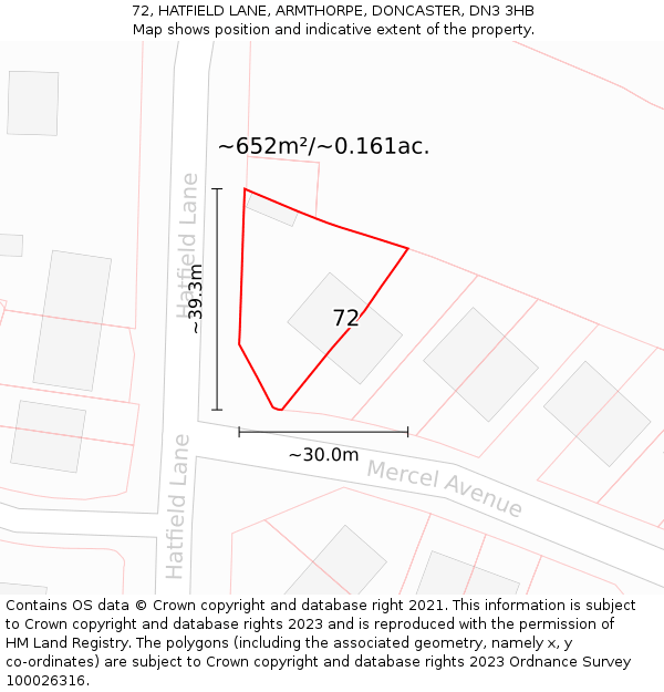 72, HATFIELD LANE, ARMTHORPE, DONCASTER, DN3 3HB: Plot and title map