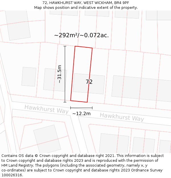 72, HAWKHURST WAY, WEST WICKHAM, BR4 9PF: Plot and title map