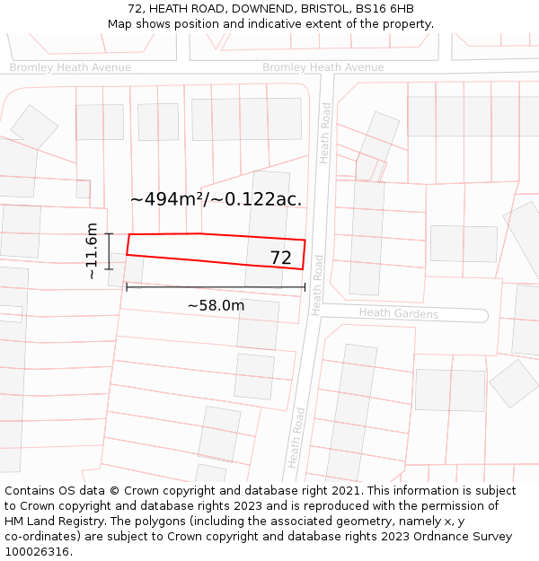 72, HEATH ROAD, DOWNEND, BRISTOL, BS16 6HB: Plot and title map