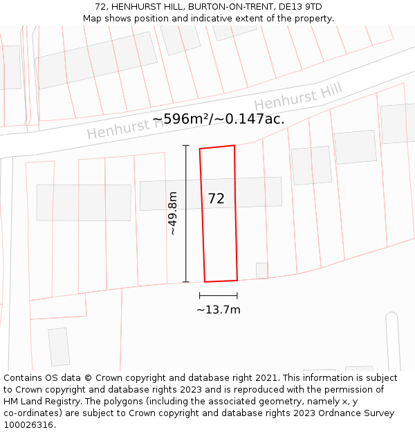 72, HENHURST HILL, BURTON-ON-TRENT, DE13 9TD: Plot and title map