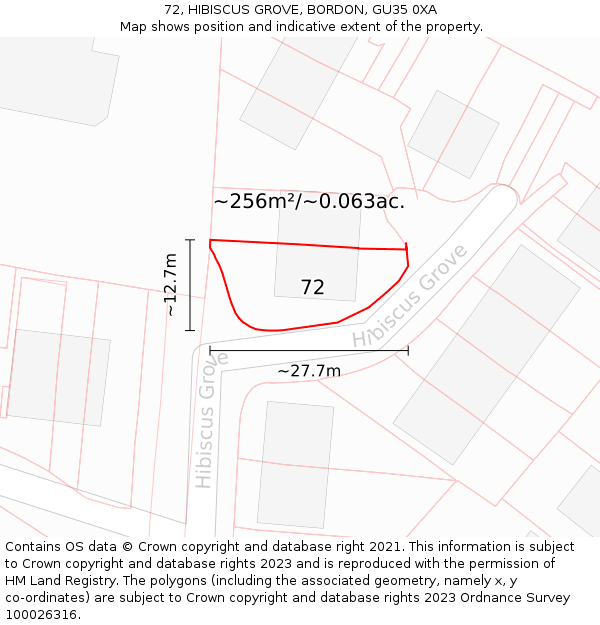 72, HIBISCUS GROVE, BORDON, GU35 0XA: Plot and title map