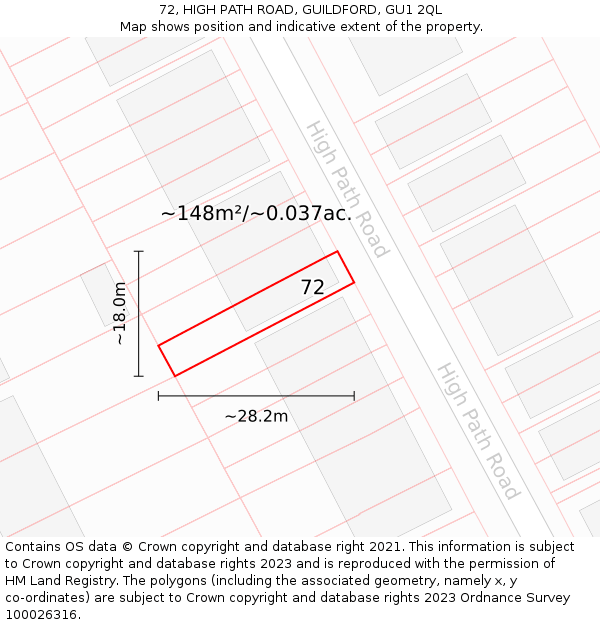 72, HIGH PATH ROAD, GUILDFORD, GU1 2QL: Plot and title map