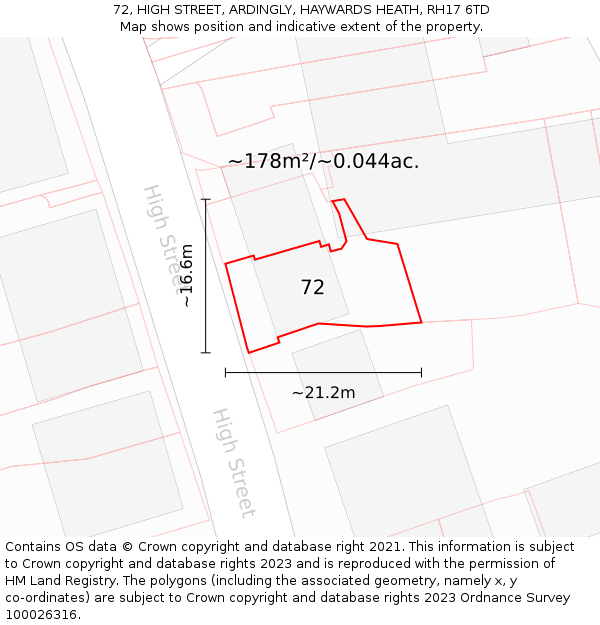 72, HIGH STREET, ARDINGLY, HAYWARDS HEATH, RH17 6TD: Plot and title map