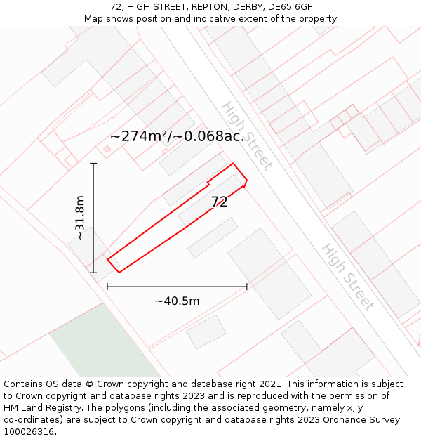 72, HIGH STREET, REPTON, DERBY, DE65 6GF: Plot and title map
