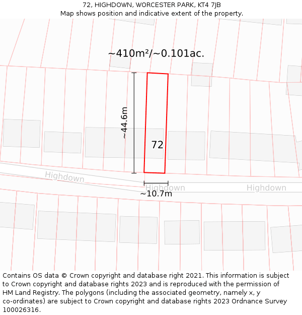 72, HIGHDOWN, WORCESTER PARK, KT4 7JB: Plot and title map