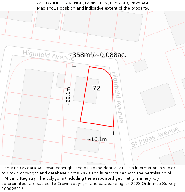 72, HIGHFIELD AVENUE, FARINGTON, LEYLAND, PR25 4GP: Plot and title map