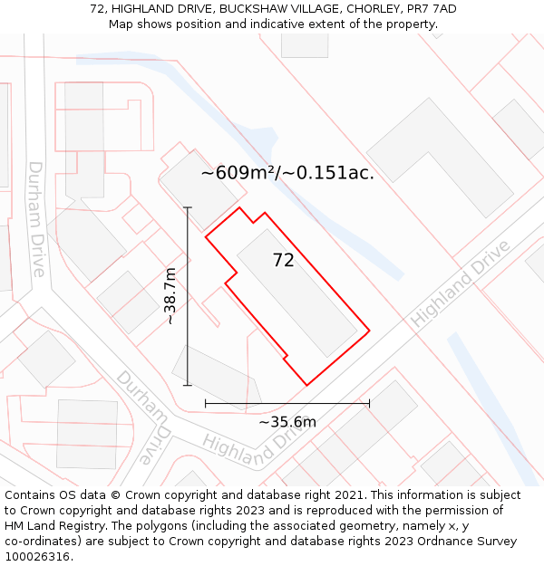 72, HIGHLAND DRIVE, BUCKSHAW VILLAGE, CHORLEY, PR7 7AD: Plot and title map