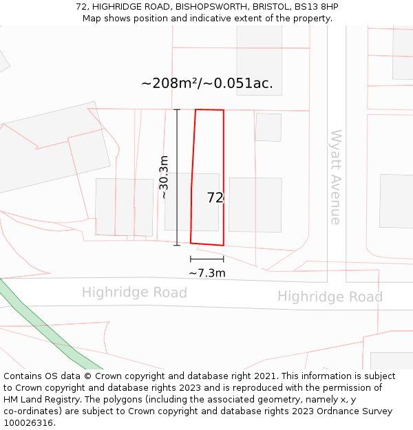 72, HIGHRIDGE ROAD, BISHOPSWORTH, BRISTOL, BS13 8HP: Plot and title map