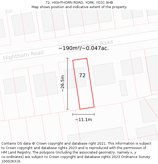 72, HIGHTHORN ROAD, YORK, YO31 9HB: Plot and title map