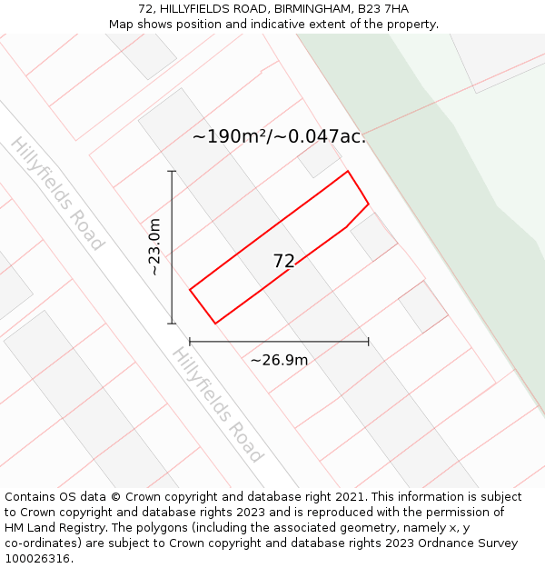72, HILLYFIELDS ROAD, BIRMINGHAM, B23 7HA: Plot and title map