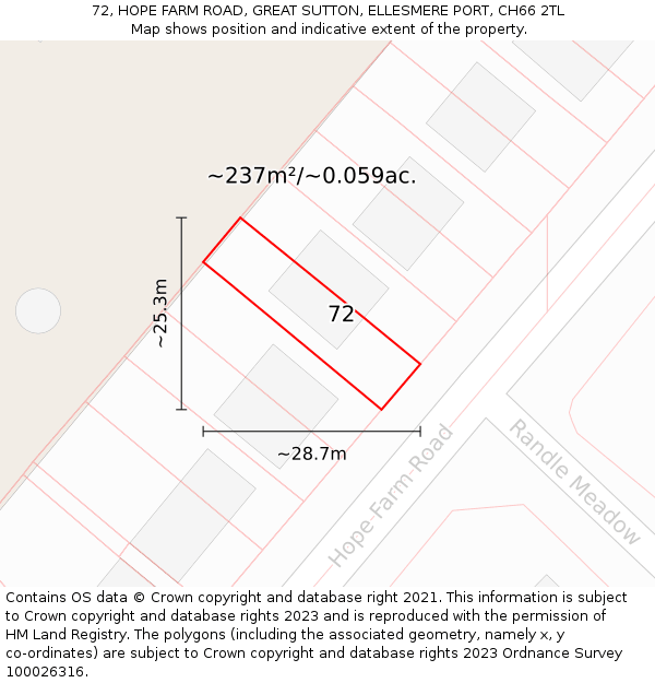 72, HOPE FARM ROAD, GREAT SUTTON, ELLESMERE PORT, CH66 2TL: Plot and title map