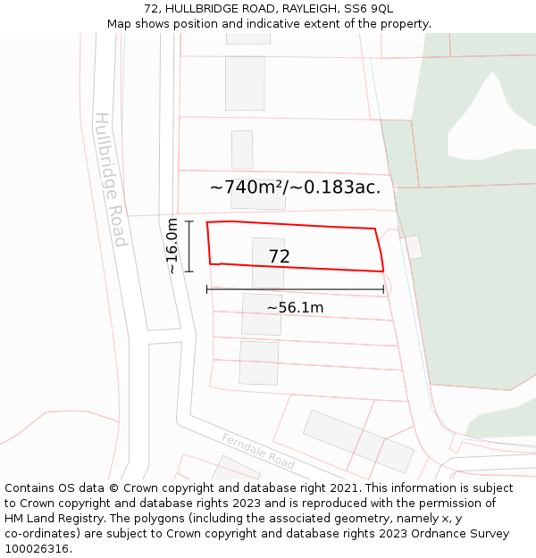 72, HULLBRIDGE ROAD, RAYLEIGH, SS6 9QL: Plot and title map