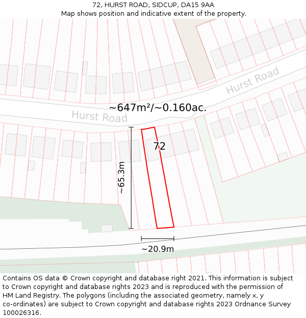 72, HURST ROAD, SIDCUP, DA15 9AA: Plot and title map