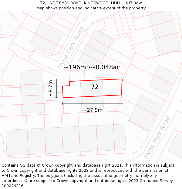 72, HYDE PARK ROAD, KINGSWOOD, HULL, HU7 3AW: Plot and title map