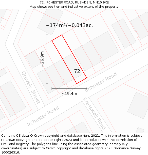 72, IRCHESTER ROAD, RUSHDEN, NN10 9XE: Plot and title map