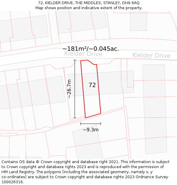 72, KIELDER DRIVE, THE MIDDLES, STANLEY, DH9 6AQ: Plot and title map