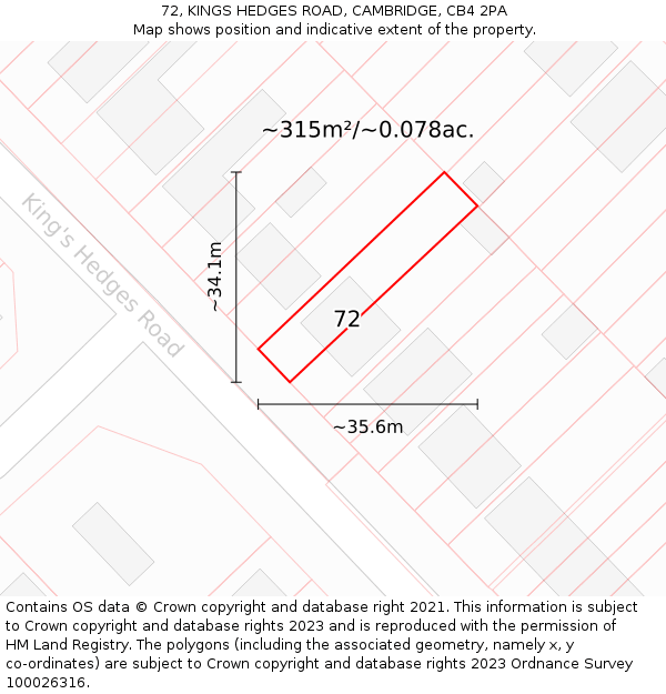 72, KINGS HEDGES ROAD, CAMBRIDGE, CB4 2PA: Plot and title map