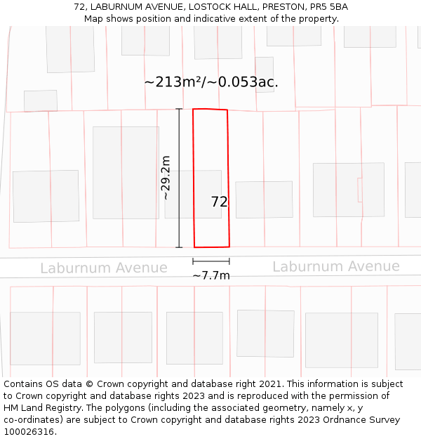 72, LABURNUM AVENUE, LOSTOCK HALL, PRESTON, PR5 5BA: Plot and title map