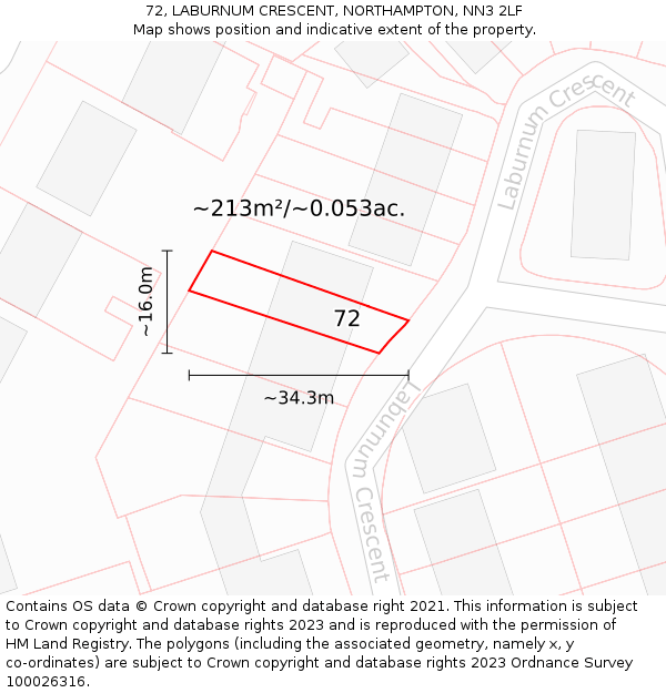 72, LABURNUM CRESCENT, NORTHAMPTON, NN3 2LF: Plot and title map