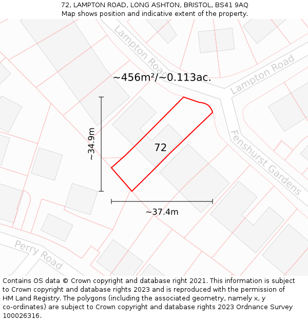 72, LAMPTON ROAD, LONG ASHTON, BRISTOL, BS41 9AQ: Plot and title map