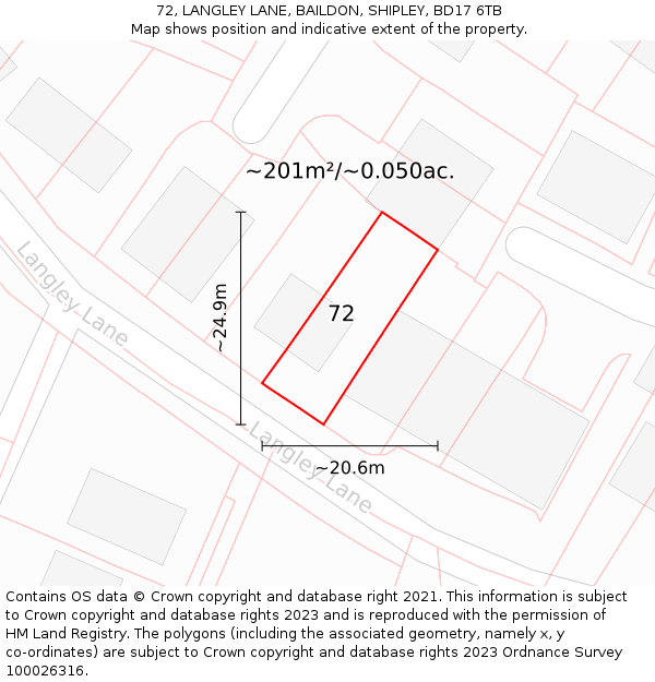 72, LANGLEY LANE, BAILDON, SHIPLEY, BD17 6TB: Plot and title map