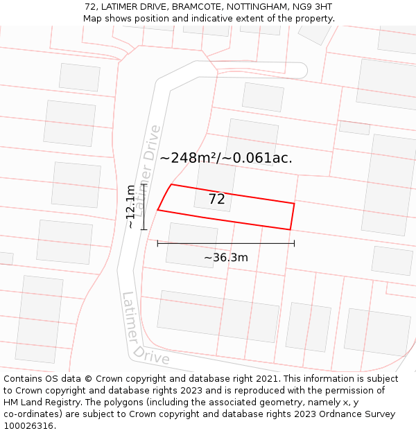 72, LATIMER DRIVE, BRAMCOTE, NOTTINGHAM, NG9 3HT: Plot and title map