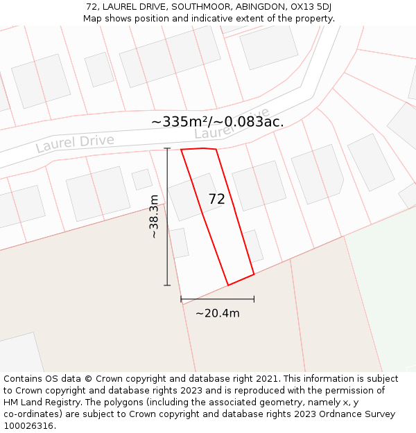 72, LAUREL DRIVE, SOUTHMOOR, ABINGDON, OX13 5DJ: Plot and title map