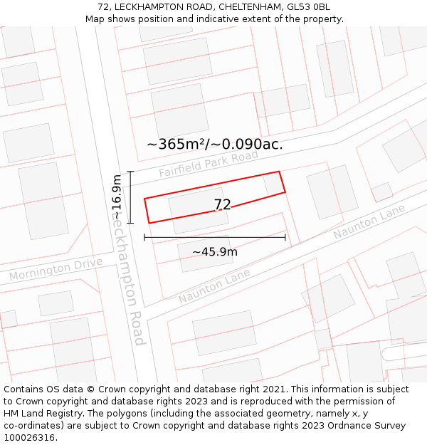 72, LECKHAMPTON ROAD, CHELTENHAM, GL53 0BL: Plot and title map