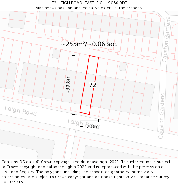 72, LEIGH ROAD, EASTLEIGH, SO50 9DT: Plot and title map