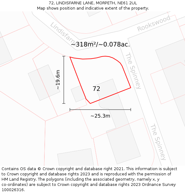 72, LINDISFARNE LANE, MORPETH, NE61 2UL: Plot and title map