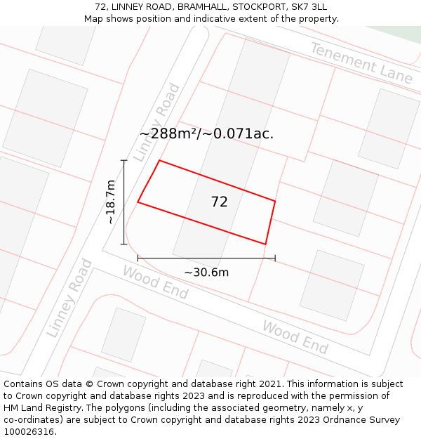 72, LINNEY ROAD, BRAMHALL, STOCKPORT, SK7 3LL: Plot and title map