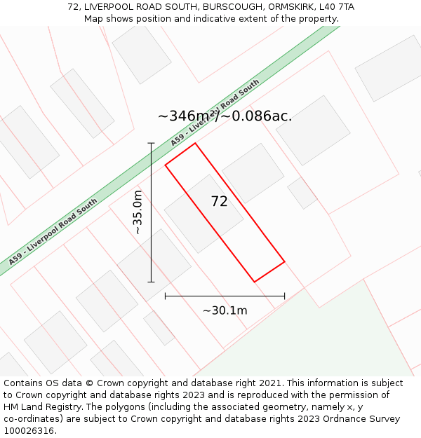 72, LIVERPOOL ROAD SOUTH, BURSCOUGH, ORMSKIRK, L40 7TA: Plot and title map