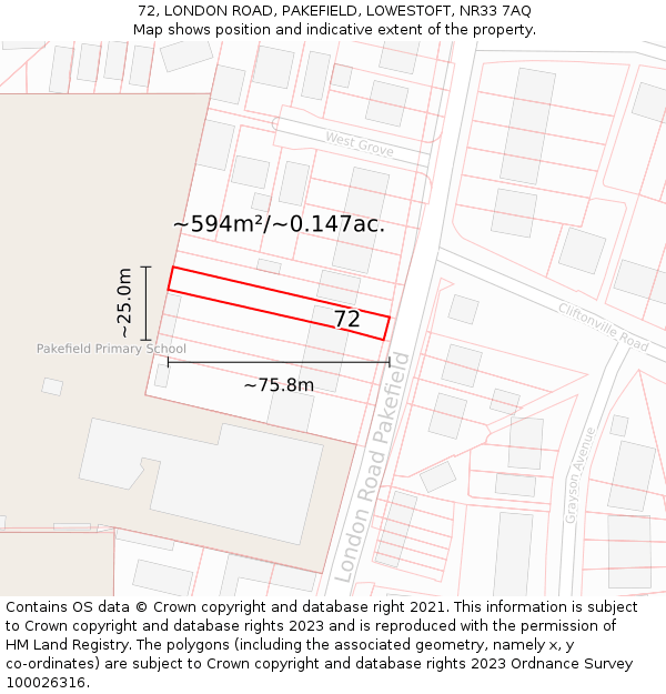 72, LONDON ROAD, PAKEFIELD, LOWESTOFT, NR33 7AQ: Plot and title map