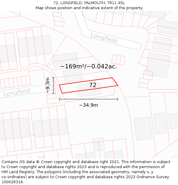 72, LONGFIELD, FALMOUTH, TR11 4SL: Plot and title map