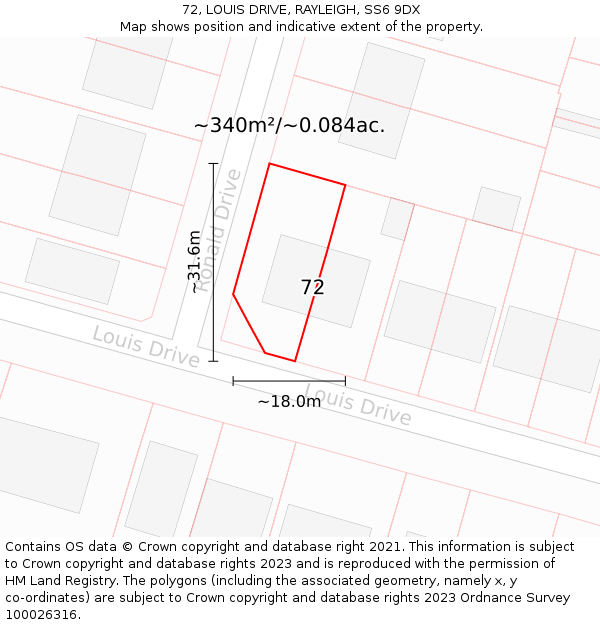 72, LOUIS DRIVE, RAYLEIGH, SS6 9DX: Plot and title map