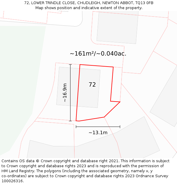 72, LOWER TRINDLE CLOSE, CHUDLEIGH, NEWTON ABBOT, TQ13 0FB: Plot and title map
