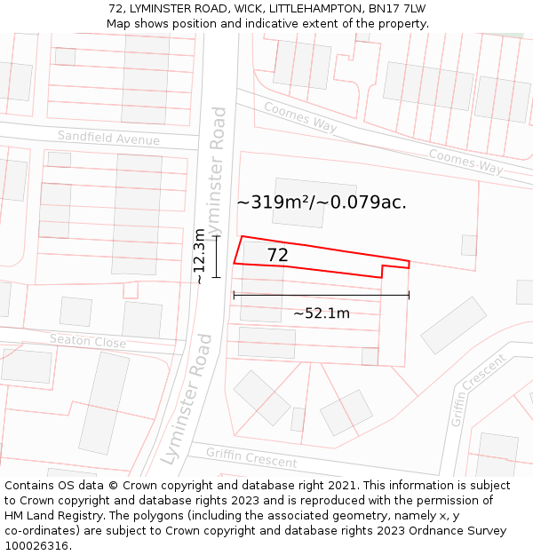 72, LYMINSTER ROAD, WICK, LITTLEHAMPTON, BN17 7LW: Plot and title map