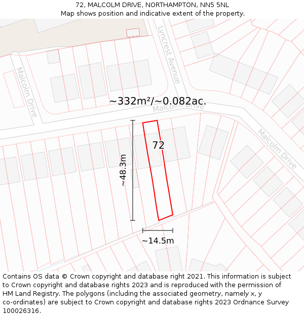 72, MALCOLM DRIVE, NORTHAMPTON, NN5 5NL: Plot and title map