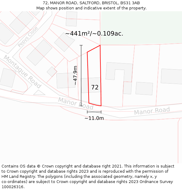 72, MANOR ROAD, SALTFORD, BRISTOL, BS31 3AB: Plot and title map