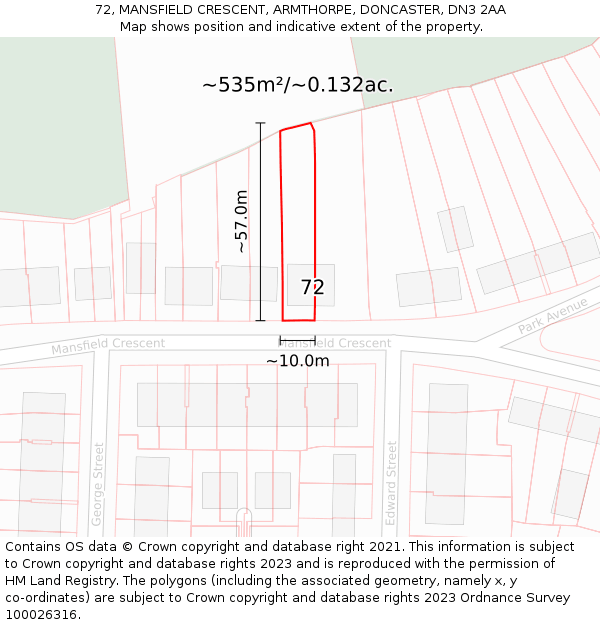 72, MANSFIELD CRESCENT, ARMTHORPE, DONCASTER, DN3 2AA: Plot and title map