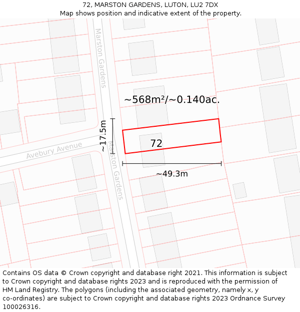 72, MARSTON GARDENS, LUTON, LU2 7DX: Plot and title map